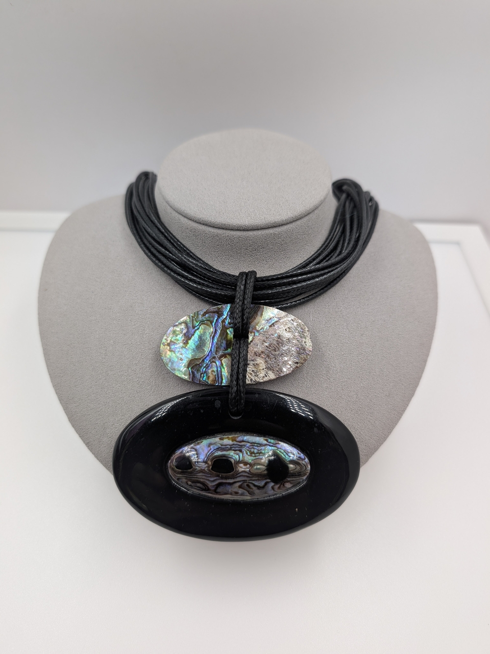 Multi-Strand Black Cord Abalone Mother of Pearl Statement Pendant Necklace 0711
